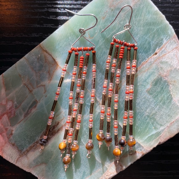 HAND BEADED Sterling Silver, Tiger Eye & Red Jasper Earrings - Picture 1 of 4